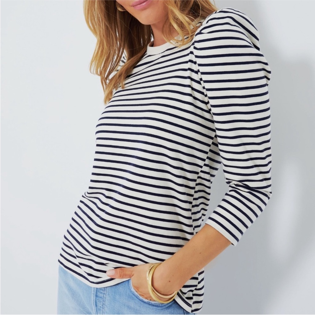 Tuckernuck || Pomander Place Vesty Striped Puff Sleeve Crewneck Tee Navy Xs